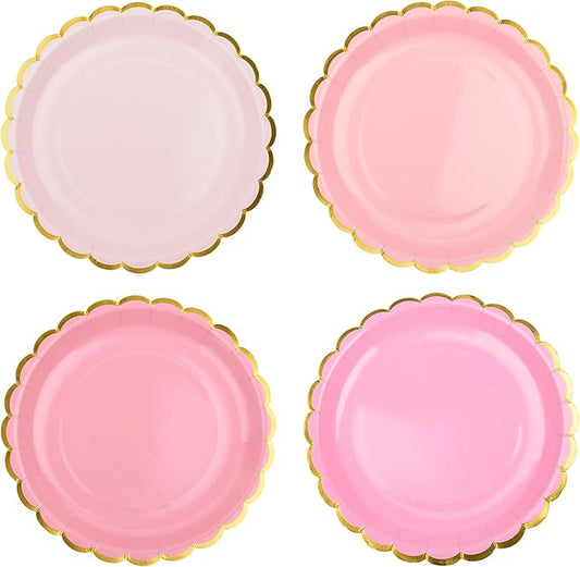 AimFun 24 Pcs Pink Scalloped Party Plates Gold Foil Border Paper Plates Mothers Day Disposable 9inch Gradient Serving Plates for Birthday Wedding Bridal Baby Shower Party Supplies