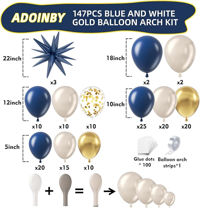 Navy Blue Gold White Balloon Arch Kit, Double Stuffed Pearl Sand White Royal Dark Blue Chrome Gold Confetti Balloons Garland Kit for Birthday Graduation 2026 New Years Party Decoration