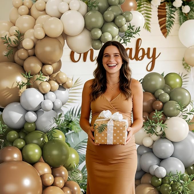 Brown Sage Green Balloon Arch Kit, 124Pcs Nude Blush Dusty Blue Sand White Olive Green for Safari Jungle Woodland Wedding Baby Shower Birthday Party Decorations