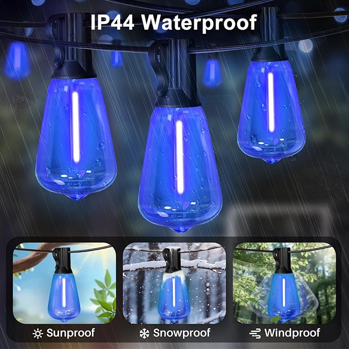 LAMPHOME 26Ft ST38 Outdoor String Lights, Blue Patio Lights with 12+1 ST38 Edison Bulbs, LED Shatterproof String Lights for Outside Bistro Christmas Patio Party Decorations
