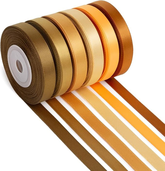 Gold Ribbon Thin 3/8 Inch x 60Yards Golden Brown, Copper, Champagne, Assorted Double Faced Gold Silk Satin Ribbon for Gift Wrapping, Flower Bouquet, Wedding, Bridal Shower, Christmas, Bows & Crafts