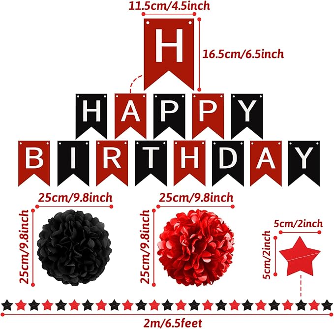 Black and Red Birthday Decorations - Happy Birthday Banner for Boys Girls Men Women Party Supplies