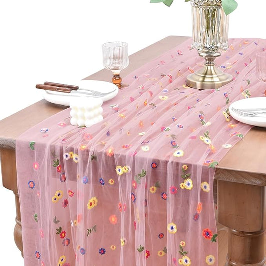 Joanlody 3pcs Blushing Pink Embroidery Daisy Table Runner Valentine’s Day Florals Seasonal Easter Tulle Table Runner Holiday Kitchen Dining Table Decoration for Home Party Indoor