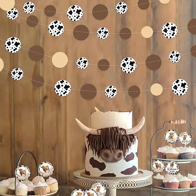 Western Cowboy Party Decorations Brown Khaki Circle Dot with Cow Printed Polka Dots Garland Streamer for My First Rodeo Birthday Baby Shower Wedding Engagement Bachelorette Party Decorations Supplies