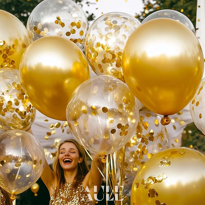 AULE Party Balloons Pack of 42 - Metallic Gold Balloons & Gold Confetti Balloons and 64ft Ribbons - 12 Inch Balloons Decorations Set