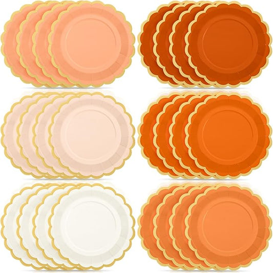 48 Pcs Beige-Orange Peach Paper Plates 9 Inch Gradient Scalloped Paper Disposable Dinner Dessert Plates for Birthday Wedding Bridal Party Supplies, 6 Colors
