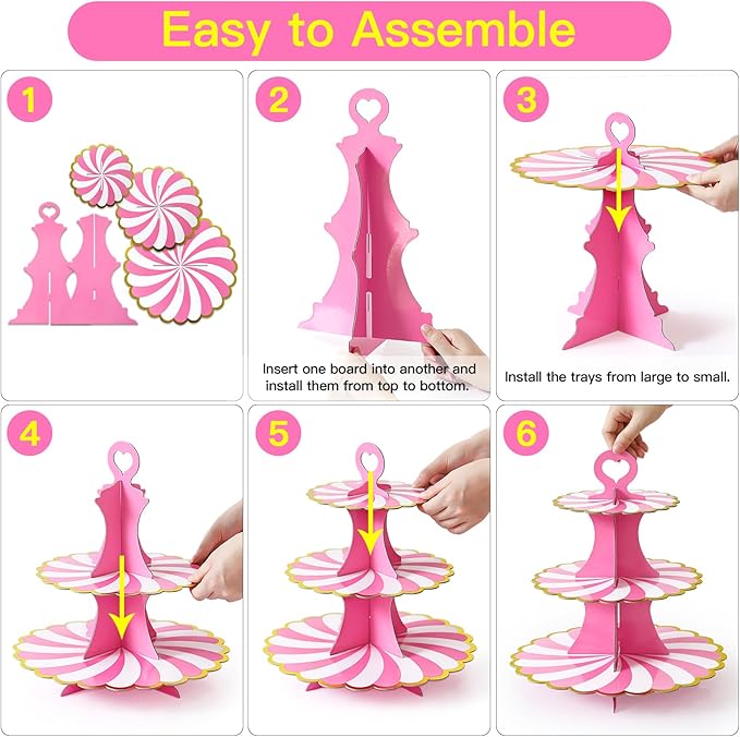 Soleebee 3-Tier Cupcake Stand, Cardboard Cupcake Tower, Dessert Cup Cake Stand Tower for Birthday Wedding Party Decoration, Cupcake Tier Stand 1 Set (Hot Pink Gold)
