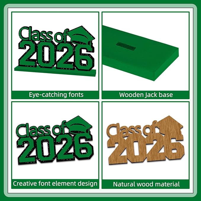 4Pcs Green Graduation Decorations Class of 2026 Congrats Grad Wooden Graduation Table Decorations for 2026 Graduation Party Decorations