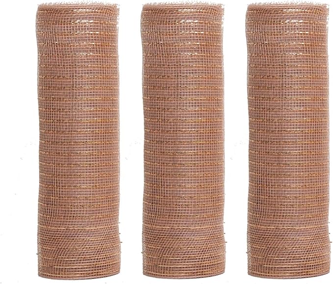 3 Roll Rose Gold Deco Mesh Ribbon for Wreath Making Supplies, 10 Inch x 30FT Metallic Foil Burlap Deco Mesh Fabric for DIY Crafts Door Wreath Swags and Decorating