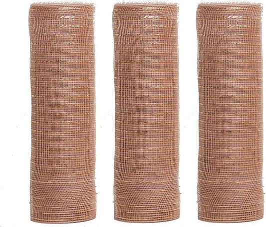 3 Roll Rose Gold Deco Mesh Ribbon for Wreath Making Supplies, 10 Inch x 30FT Metallic Foil Burlap Deco Mesh Fabric for DIY Crafts Door Wreath Swags and Decorating