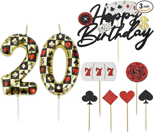 Casino Birthday Number Candles for Cake, Poker Birthday Candles for Casino Themed Birthday Party Decoration, Glitter Casino Birthday Cake Topper for Casino Night Theme Birthday Cake(Number 20)