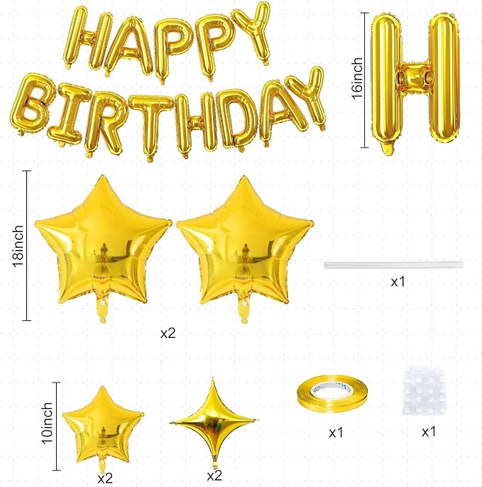 Gold Happy Birthday Balloon Banner, 16 Inch Mylar Foil Letter Balloons, Reusable Birthday Decorations with Gold Star Foil Balloons, Inflatable Party Supplies for Men Women Boys Girls Decorations