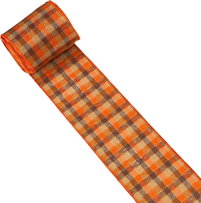 Meseey 4 Inch x 10 Yards Orange Brown Beige Plaid Wired Ribbon, Fall Burlap Wired Edge Ribbons for Large Wreaths, Big Bows, Gift Wrapping, Thanksgiving & Halloween Outdoor Decor (Brown/Orange)