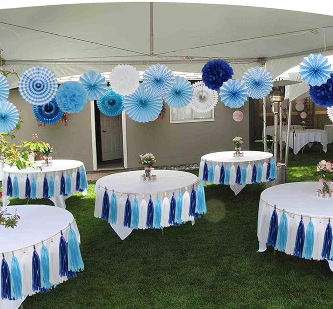 Blue Party Decorations Hanging Paper Fans Pom Poms Flowers Tissue Tassel Garland for Elephant Shark Theme Kids Birthday Baby Shower Graduation
