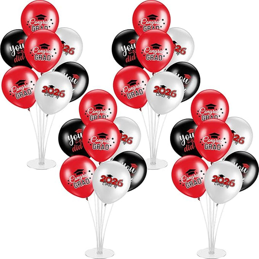 4 Set Graduation Party Balloon Stand Kits for Table Centerpieces Balloon Tables Holders with Congrats 2026 Graduation Party Decorations for School College Photo Props(Red)