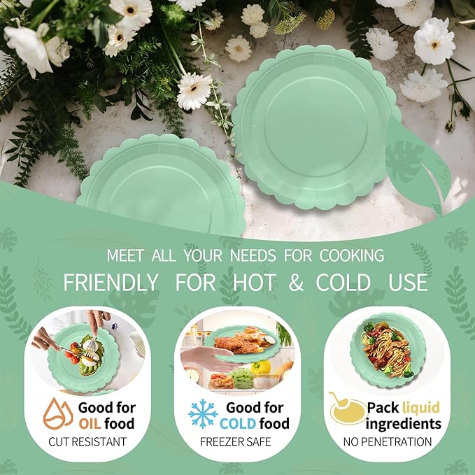 100Pcs Sage Green Plates and Napkins - Disposable Sage Green Scalloped Paper Plates & Napkins Serves 50,Green Party Supplies for Baby Shower Wedding Bridal Shower Birthday