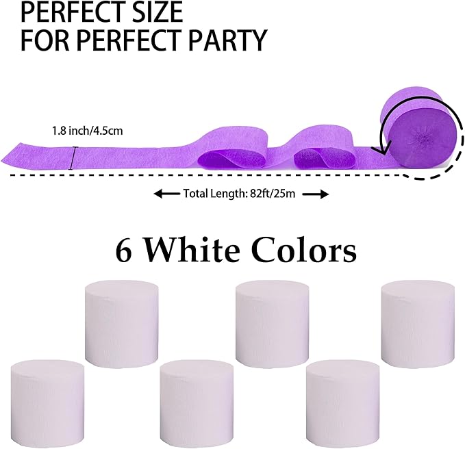 6 Rolls 492ft Colorful Crepe Paper Streamers,Pack of Paper Party Streamers for White Party Decorations, Birthday Decorations, Wedding Decorations (1.8 Inch x 82 Ft/Roll)
