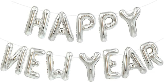 TONIFUL Silver Happy New Year Balloons 16 Inches Mylar Foil Letter Sign Banner balloon For 2025 New Years Eve Party Anniversary Decor Home Party Decorations