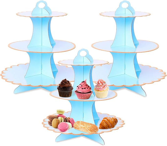 Rocutus Cupcake Stand,3 Set of 3-Tier Dessert Plates Mini Cakes Fruit Candy Display Tower Cookie Tray Rack Candy Buffet Holder Cake Stand Cardboard Cupcake Stand Tiered Serving Stand (Blue)