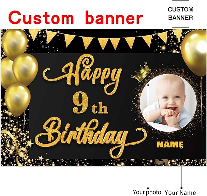 Custom Happy 9th Birthday Decorations Banner -9 Years Old Backdrop forwomenmen Boys Girls - Personalization Party Supplies Black and Gold, 4x6ft/5x7.5ft/6x9ft/7x10.5ft/8x12ft