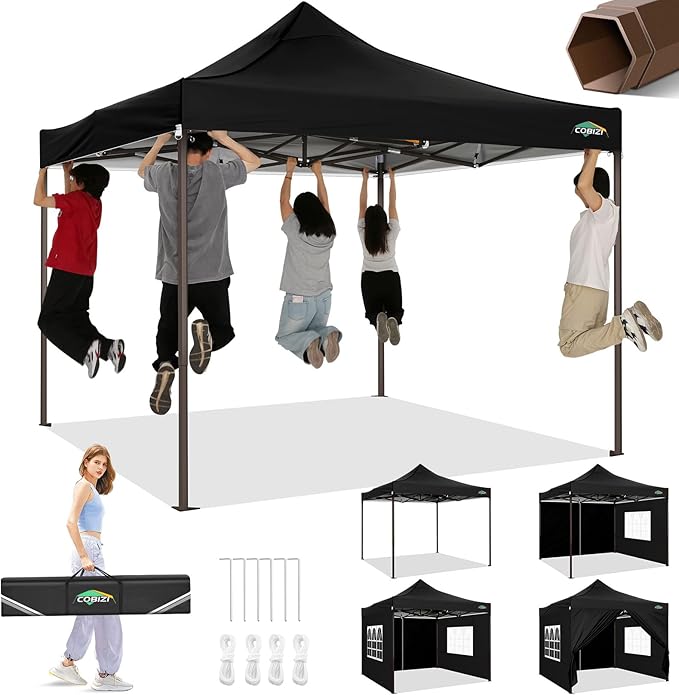 COBIZI 10x10 Pop Up Heavy Duty Canopy with 4 Sidewalls and Hexagonal Legs, Easy up Tent for Events, Parties, Camping, Outdoor Canopy with Portable Bag, Waterproof & UPF50+ (Black)