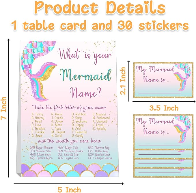 What's Your Mermaid Name, 1 Sign and 30 Name Stickers
