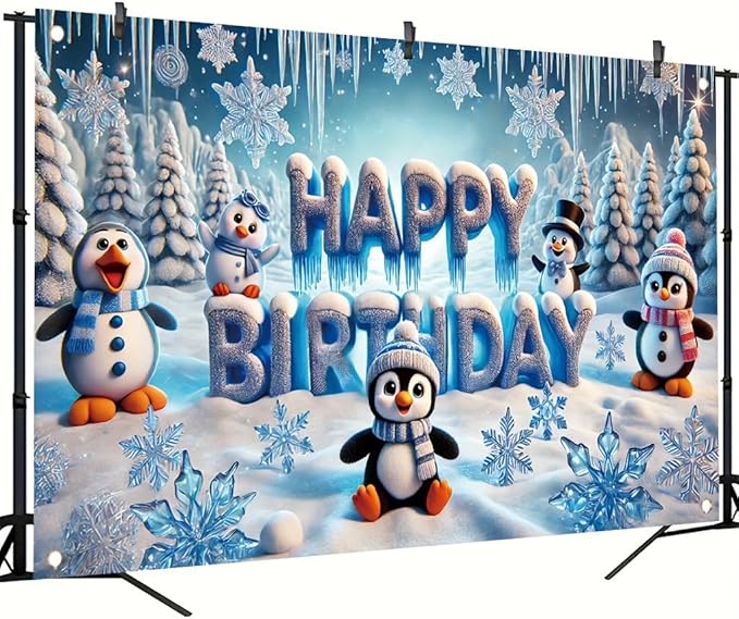 Winter Penguin Happy Birthday Party Banner 71X43INCH Double Sided Outdoor Yard Signwith Snowflakes LCE and Cute Penguins for Winter Wonderland Birthday Party Decoration