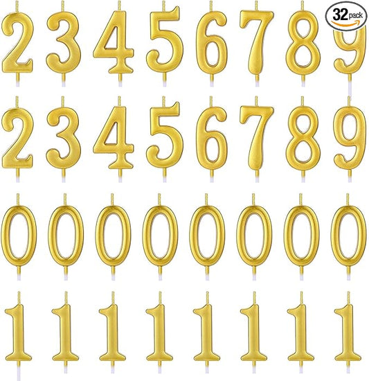 32 Pieces Number Birthday Candles Gold Cake Candles Number 0-9 Cake Decoration for Birthday Ten-Year Milestone Anniversary Wedding Party Celebration (Gold)