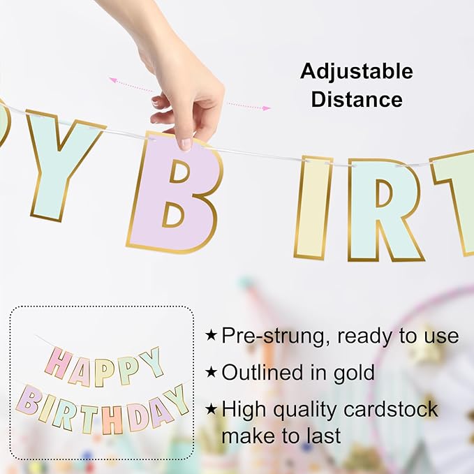 Pre-Strung Happy Birthday Banner, NO DIY Birthday Decorations with Circle Dot Garland and Preppies, Happy Birthday Party Decorations for Women Men Girls Boys (Pastel)