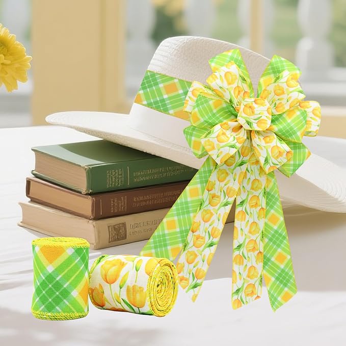 2 Rolls Yellow Tulip Wired Ribbon - 2.5 Inch Wide, 10 Yards Total, Tulip Floral Pattern, Cheerful Summer Floral Ribbon for Wedding Decor, DIY Crafts & Gift Wrapping