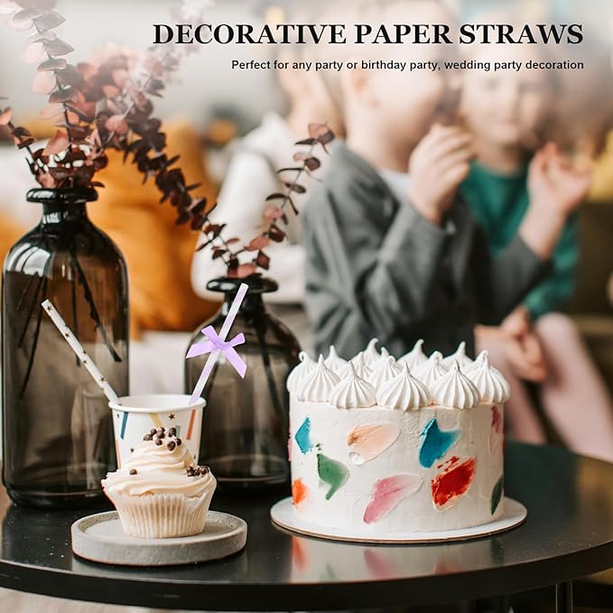 Gadpiparty Disposable Paper Straws with Purple Bow Tie Decorations 7.87 Inch Festive Decorative Straws for Birthday Wedding Baby Shower and Party Supplies