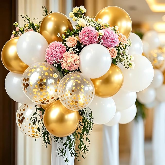 Gold and White Balloons Gold Confetti Balloon, 60 Pcs 12 Inch Latex Confetti Metallic Balloons with 1 Ribbon, for Birthday Wedding Bridal Shower Party Decorations