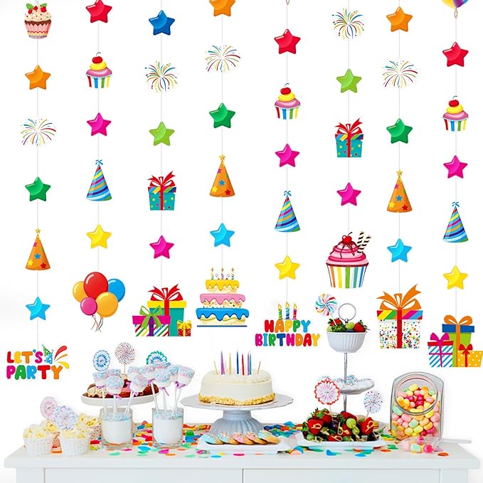 Daifunli 8 Pcs Happy Birthday Party Decorations Let's Party Garland Streamers Colorful Rainbow Birthday Theme Hanging Paper Cutouts Banner for Wall Backdrop Classroom Door Ceiling Decorations Supplies