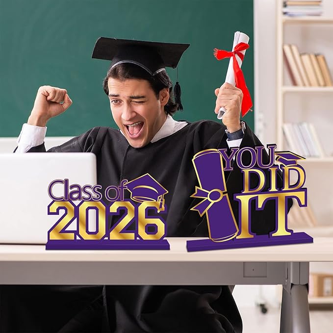 4Pcs Purple and Gold Graduation Decorations 2026 Congrats Grad Wooden Table Centerpieces Class of 2026 Table Sign Decorations for Graduation Centerpieces