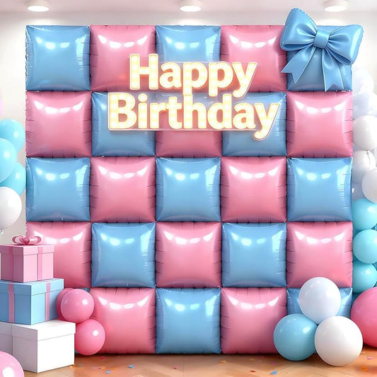 50Pcs Pink and Blue Square Foil Balloons Wall Backdrop, Double Sided Metallic Foil Balloons Tunnel Arch Garland Kit for Photo Booth Birthday Wedding Halloween Christmas Party Decorations