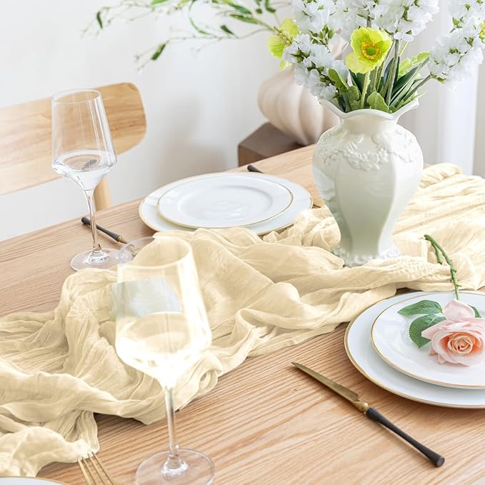 Asee'm 12pcs Cheesecloth Table Runner 120 Inches Long Beige Boho Gauze Cheese Cloth Runner 10FT Rustic Sheer Table Runners for Christmas Wedding Party Baby Shower Spring Easter Decoration