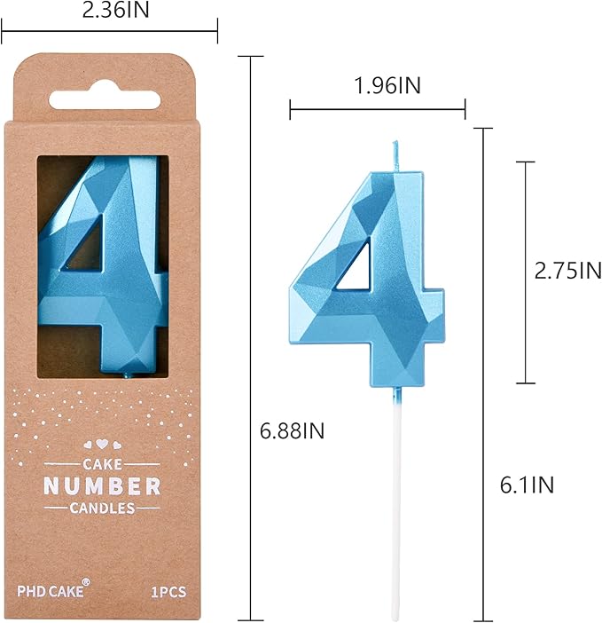 PHD CAKE 2.76 Inch Crystal Blue 4 Number Birthday Candles, Blue Number Candles, Cake Number Candles, Party Celebration