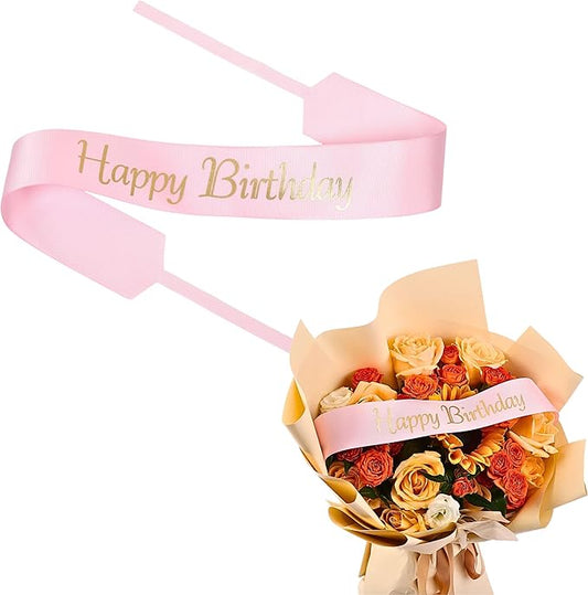 Set of 12 Bouquet Banner Grosgrain Ribbon Tie Wrap Printed Sash Florist Bulk Supply for Floral Arrangements (Pink - Happy Birthday)