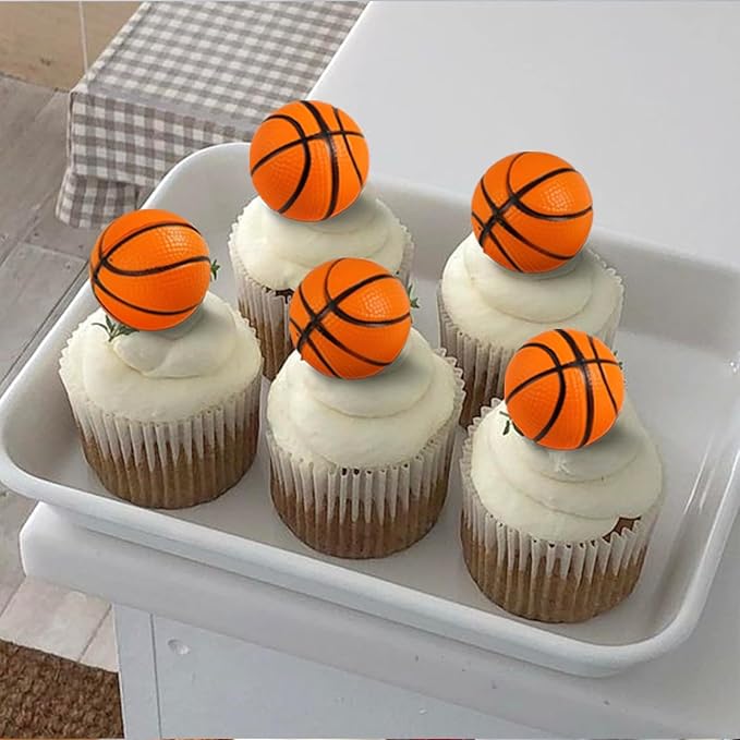 24Pcs Basketballs Cupcake Toppers Foam Sports Ball Cupcake Picks for Baby Shower Kids Basketball Theme Birthday Party Cake Decorations Supplies