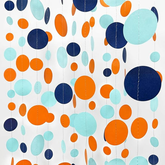 46 Ft Navy Blue Orange and Teal Circle Dots Garland Royal Blue Orange Aqua Polka Dot Hanging Paper Streamer for Birthday Wedding Bridal Baby Shower Outer Space Galaxy Theme Party Decorations Supplies