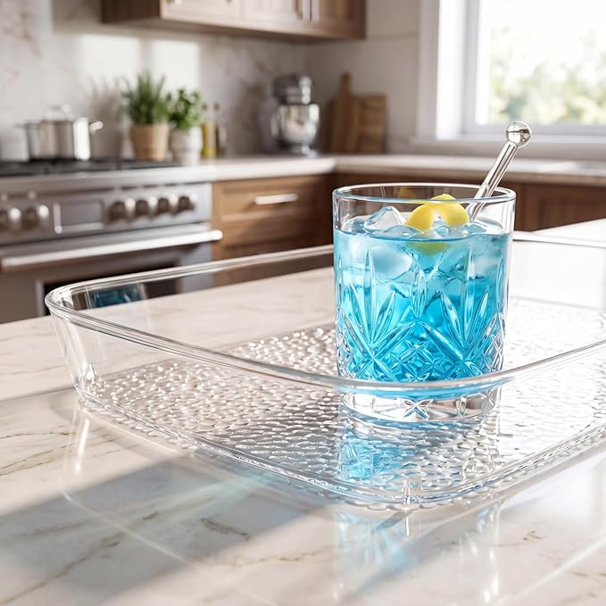Lyellfe 4 Pack Clear Serving Tray, 15 x 10 Inch Deep Serving Platter, Spill Proof Decorative Coffee Table Perfume Tray for Bathroom, Dining Table, Vanity Cabinet