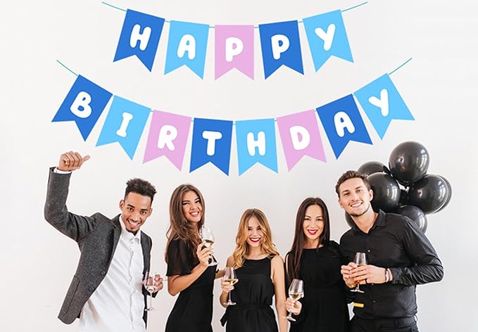 ZHENGYE Blue Pink Happy Birthday Banner - Blue Theme Party Sign for Kids & Girls Birthday Decorations