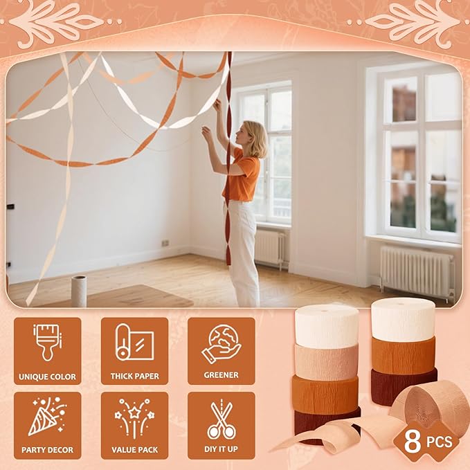 NICROHOME EUR Wedding Decorations, 8 Rolls Rust Orange Brown Crepe Paper Streamers for Rustic Fall Wedding, Bridal Shower, Retro Party, Spring, Summer Decor, Birthday, 82 Ft Long
