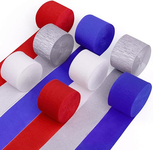 Red White and Blue Decorations, 8 Rolls Streamers Party Decorations Crepe Paper Streamers for 4th of July Decorations, Patriotic Decorations, Memorial Day Decorations, Birthday Party Decor