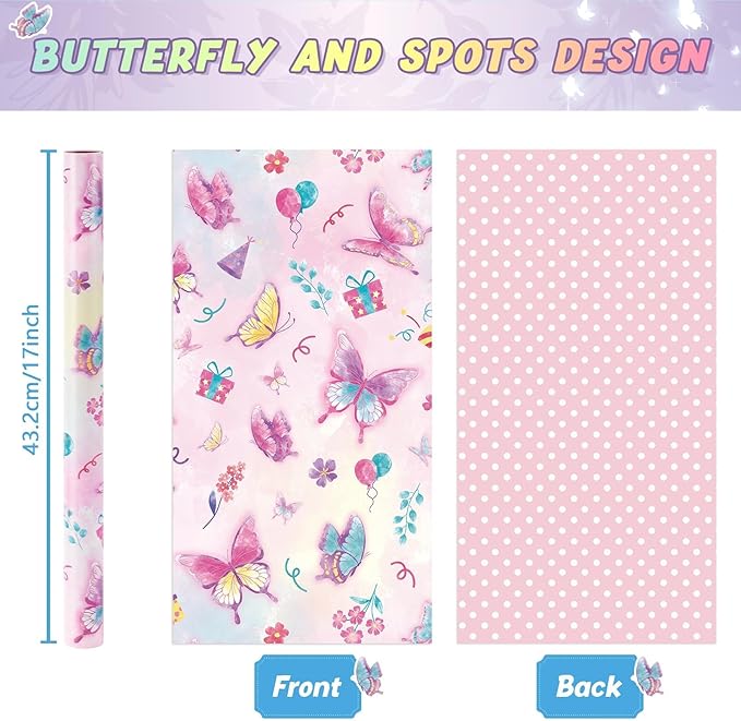 WERNNSAI Butterfly Wrapping Paper Roll - 1 Roll 17” x 33 ft Butterfly Fairy Wrapping Paper Pink Purple Flower Gift Packing for Kids Girls Birthday Baby Shower Bridal Shower Decor Reversible Polka Dot