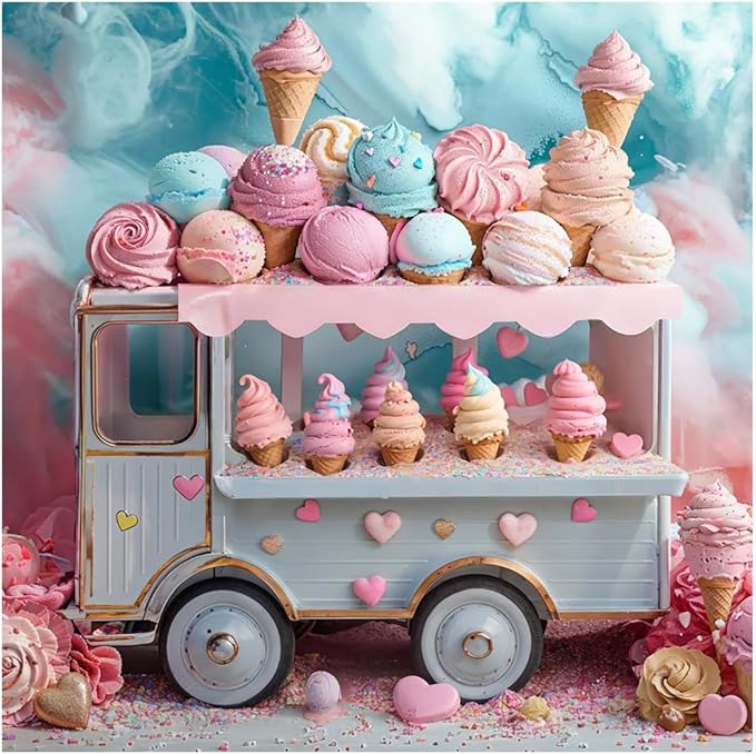 Kate 10x10ft Ice Cream Truck Happy Birthday Party Photography Backdrops Delicious Ice Cream Love Balloon Candy Photo Background Cake Smash Backgrounds