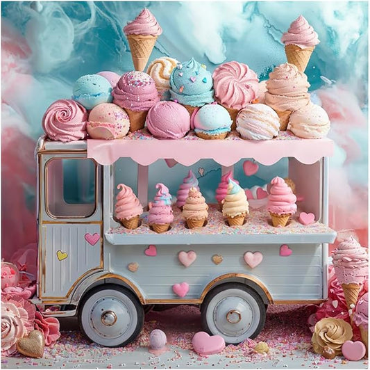 Kate 6.5x6.5ft Ice Cream Truck Happy Birthday Party Photography Backdrops Delicious Ice Cream Love Balloon Candy Photo Background Cake Smash Backgrounds