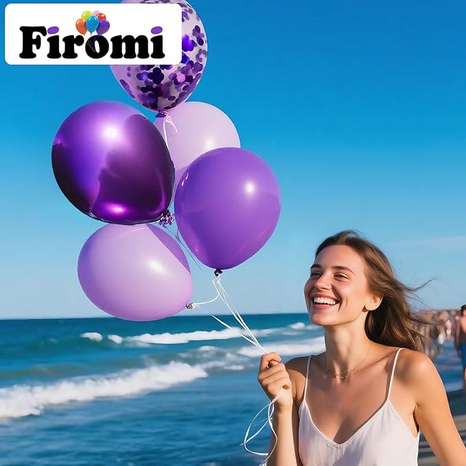Firomi Metallic Purple Balloons Set 12-inch 70 Pack Chrome Purple and Premium Latex Lavender Lilac and Purple Confetti Balloons for Birthday Bridal Shower Wedding Party (with 2 Ribbons)