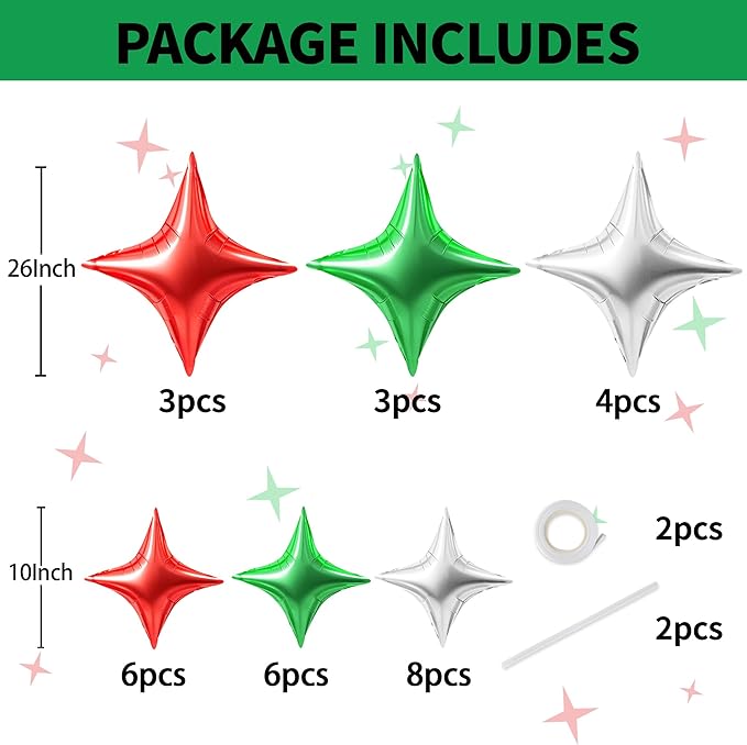 TONIFUL 30Pcs 26In&10In Star Balloons Red Green Silver Four Pointed Foil Mini Star Mylar Balloons for Halloween Chrismas Birthday Wedding Baby Shower Anniversary Engagement Party Decor Supplies