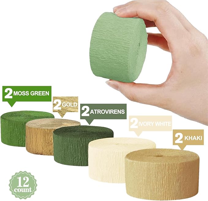 Camp Bachelorette Decorations, 12 Rolls Sage Green & Gold Crepe Paper Streamers for Green Boho Birthday Engagement Wedding Bridal/Baby Shower, Dinosaur Jungle Woodland Party